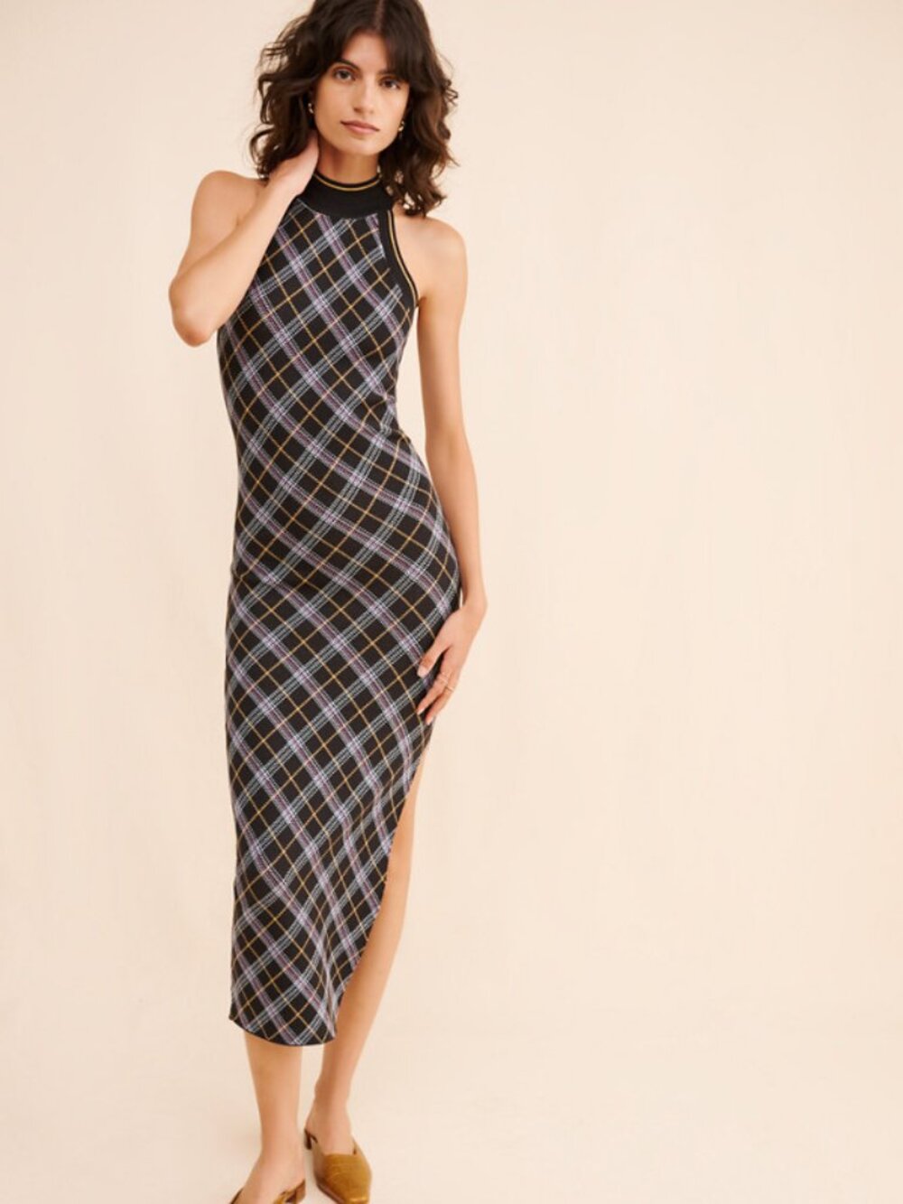 NWOT Saylor Naya Black Multicolor Plaid Knit Bodycon Midi Dress Sz S - Org $209